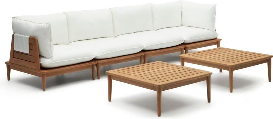 Kave Home Modulaire Loungeset Portitxol Teakhout Met 2 hoekfauteuils 2 fauteuils en 2 salontafels Wit