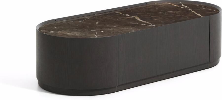Kave Home Ovale Salontafel Nemore Eiken en marmerlook Met 1 lade 140 x 60cm Donkerbruin Ovaal