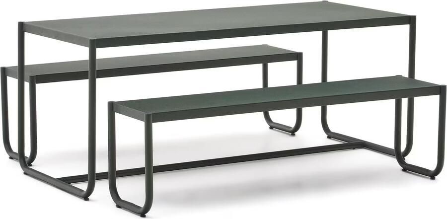 Kave Home Picknickset Sotil Met tuintafel en 2 tuinbanken Donkergroen