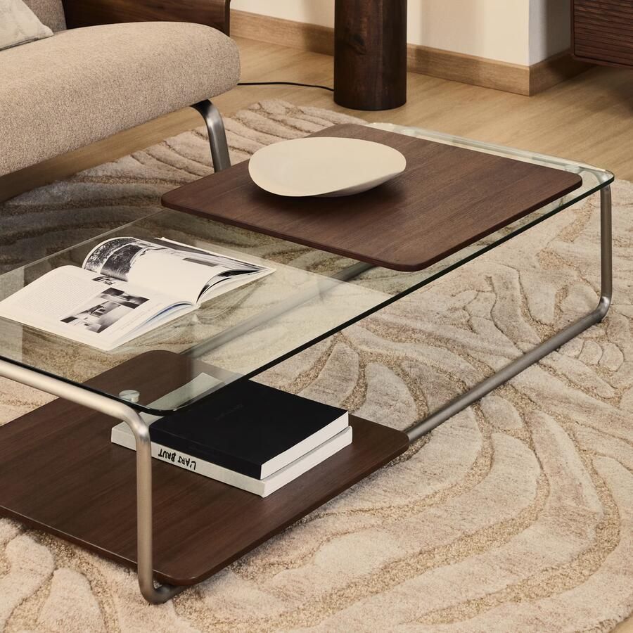 Kave Home Salontafel Tarsel Glas en walnootfineer 140 x 60cm Bruin