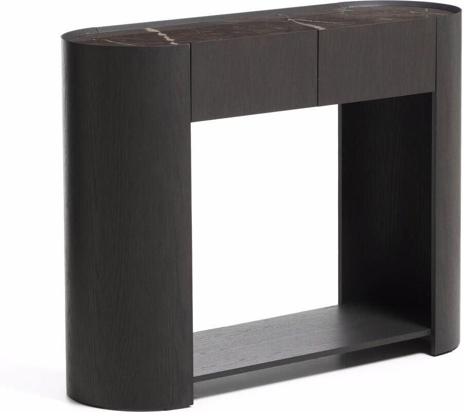 Kave Home Sidetable Nemore Eiken en marmerlook Met 2 lades 120cm Donkerbruin