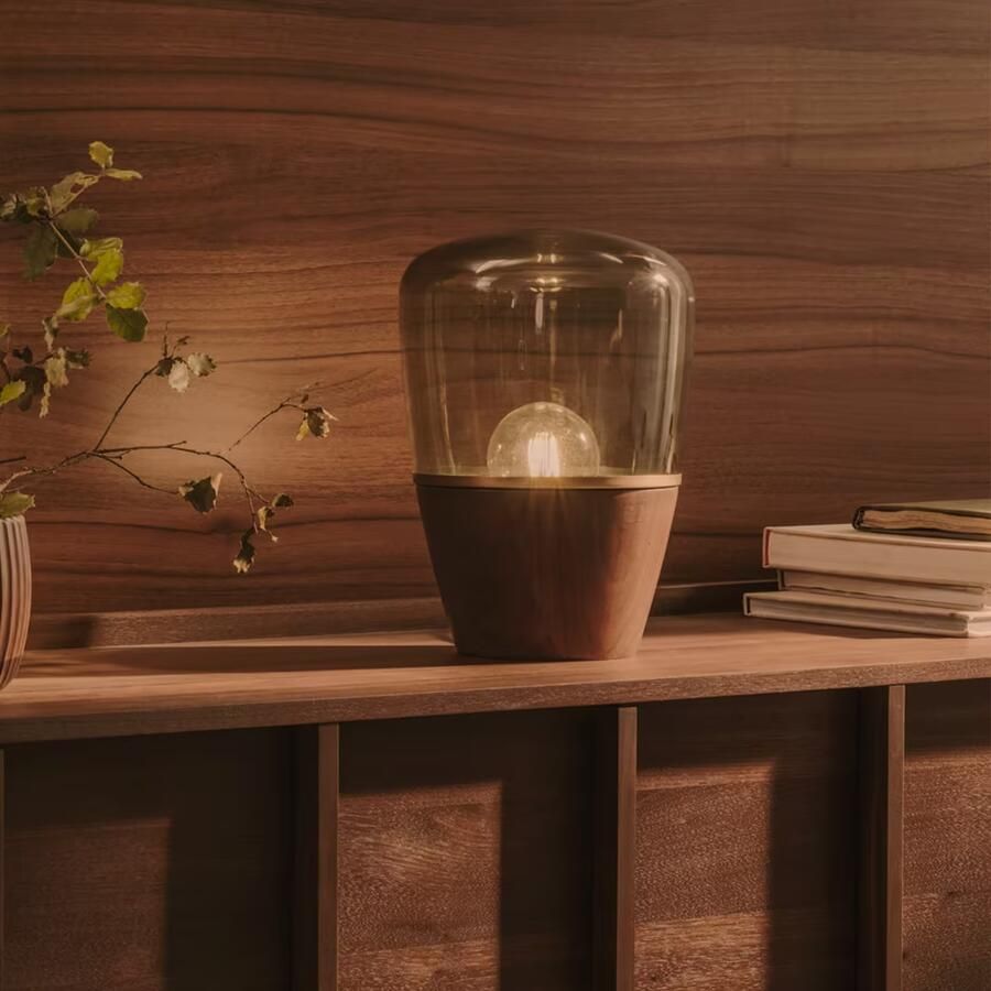 Kave Home Tafellamp Silex Notenhout en glas 30cm Groen