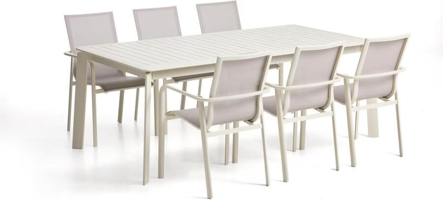 Kave Home Tuinset Brela Met Brela uitschuifbare tuintafel en 6 Canea stoelen 205 287 x 100cm Ecru Beige