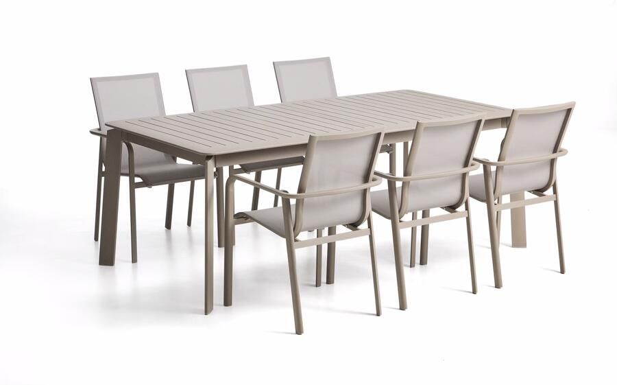 Kave Home Tuinset Brela Met Brela uitschuifbare tuintafel en 6 Canea stoelen 205 287 x 100cm Taupe Beige