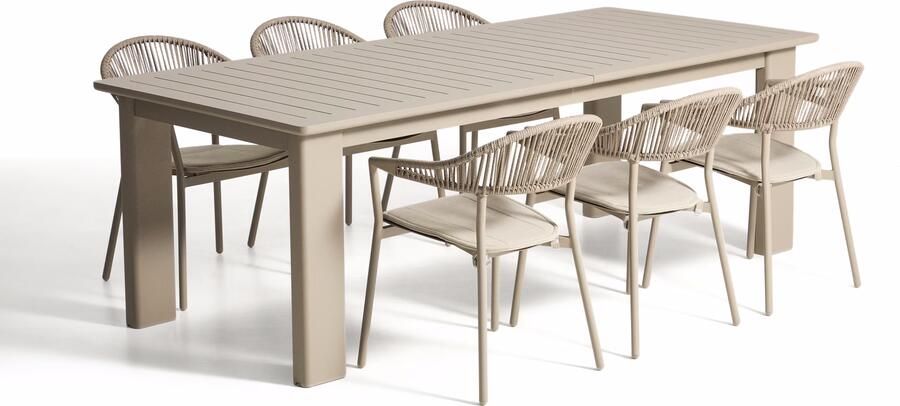 Kave Home Tuinset Livorno Met Livorno uitschuifbare tuintafel en 6 Alimia stoelen 233 350 x 100cm Taupe