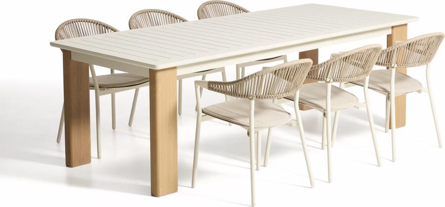 Kave Home Tuinset Livorno Met Livorno uitschuifbare tuintafel en 6 Alimia stoelen 233 350 x 100cm Ecru Beige