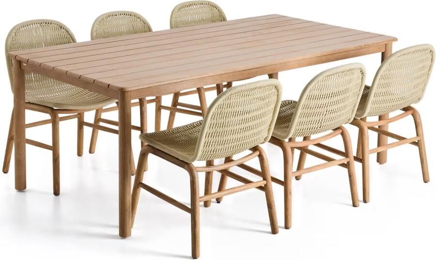 Kave Home Tuinset Met Sori tuintafel en 6 Alipa stoelen 200 x 100cm Ecru