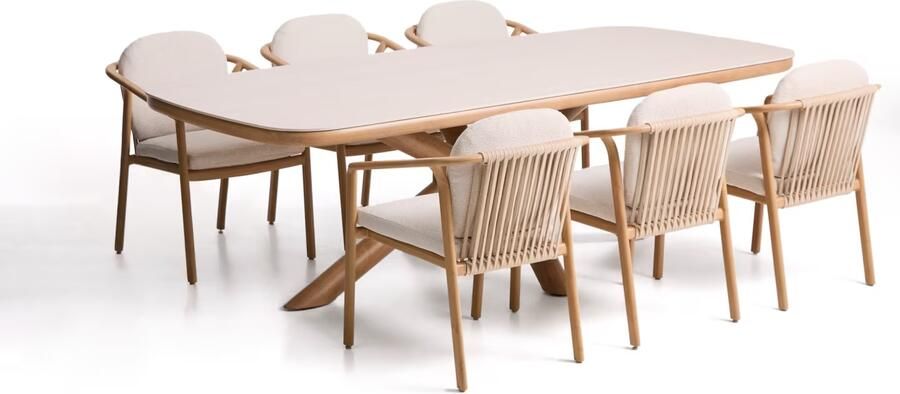 Kave Home Tuinset Mirtia Met Martia tuintafel en 6 Sirte stoelen 240 x 110cm Naturel