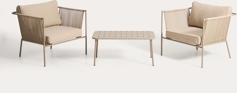 Kave Home Tuinset Zivia Met 2 loungestoelen en tafel Ecru Taupe