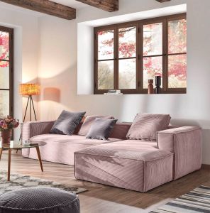 Kave Home 3-zitsbank Blok corduroy roze met chaise longue rechts 300 cm