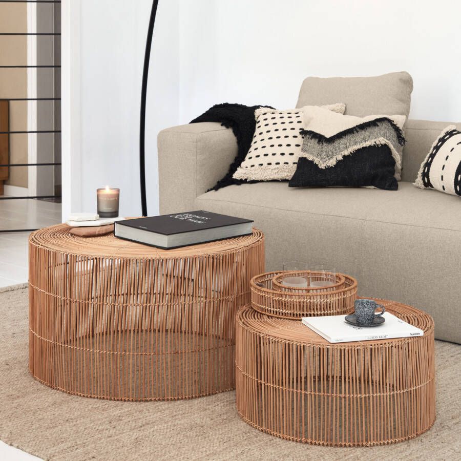 Kave Home Ronde Salontafel Elmina Rotan Set van 2 stuks Naturel