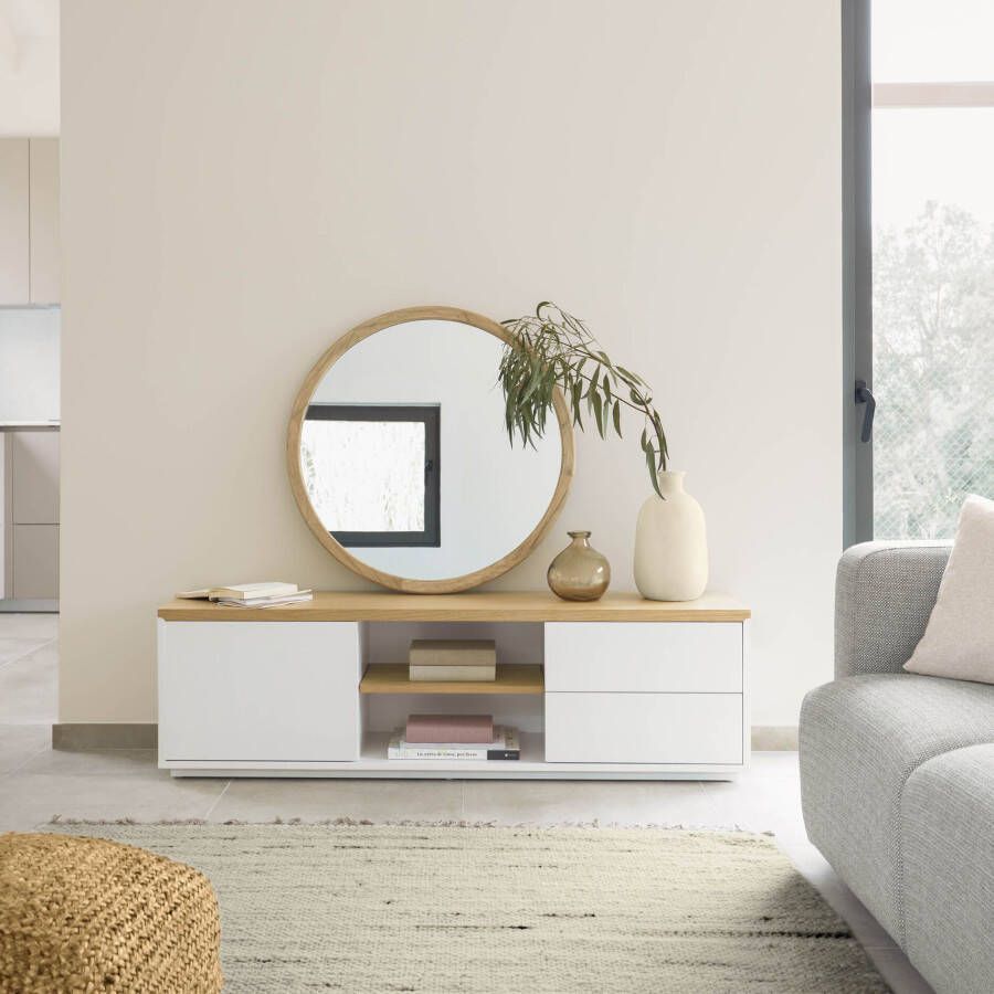 Kave Home Abilen wit gelakt tv-meubel van eikenfineer met 1 deur & 2 lades 150 x 44 cm FSC 100%