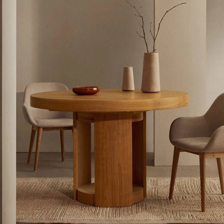 Kave Home Uitschuifbare Ronde Eettafel Artis Eiken 120-170 x 120cm Bruin