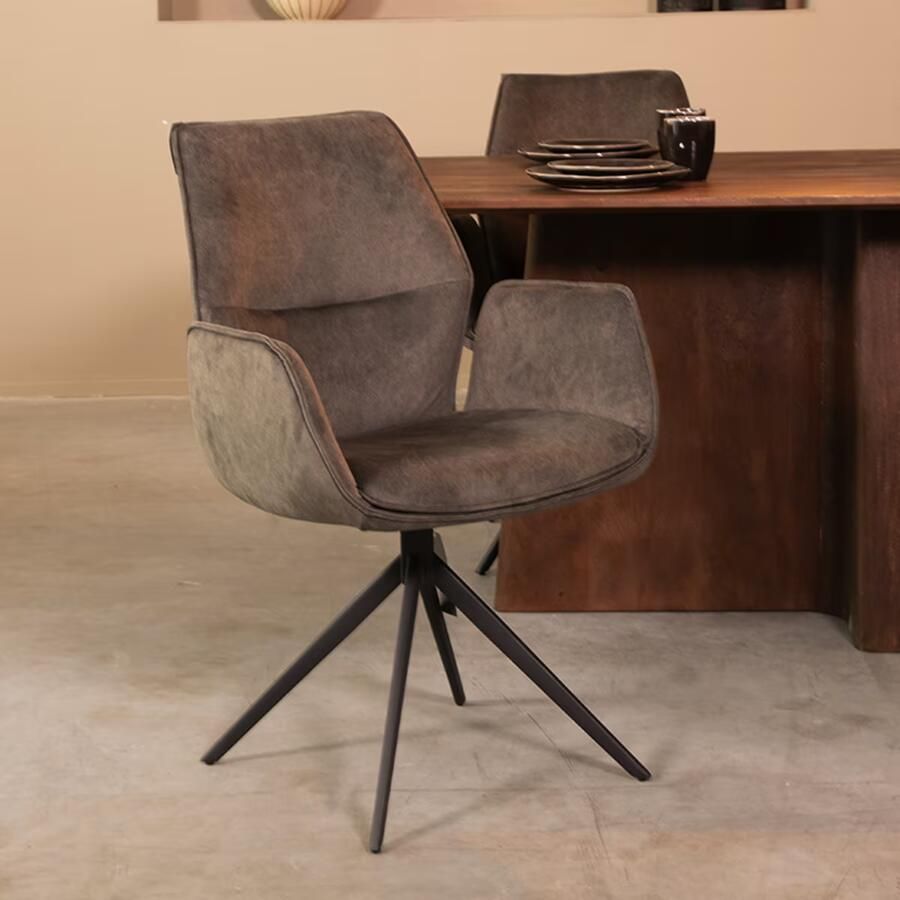 LABEL51 | Eetkamerstoel Mellow Antraciet Cosmo Zwart Onderstel | Zitmeubels eetkamer | Armstoel