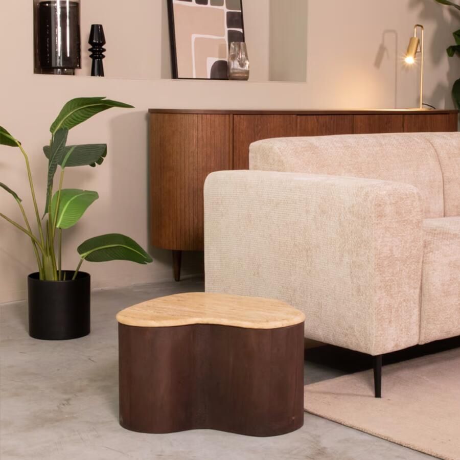 LABEL51 Organische Salontafel Davi Travertin en hout 50 x 35cm Espresso