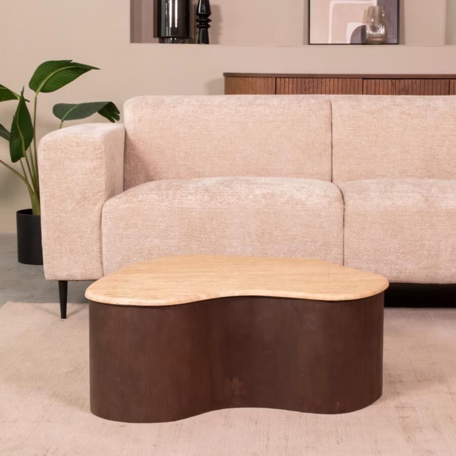 LABEL51 Organische Salontafel Davi Travertin en hout 80 x 70cm Espresso