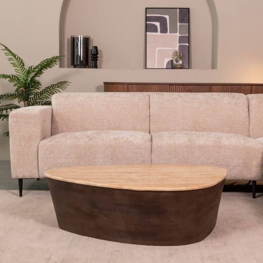 LABEL51 Organische Salontafel Ravi Travertin en hout 110 x 80cm Espresso