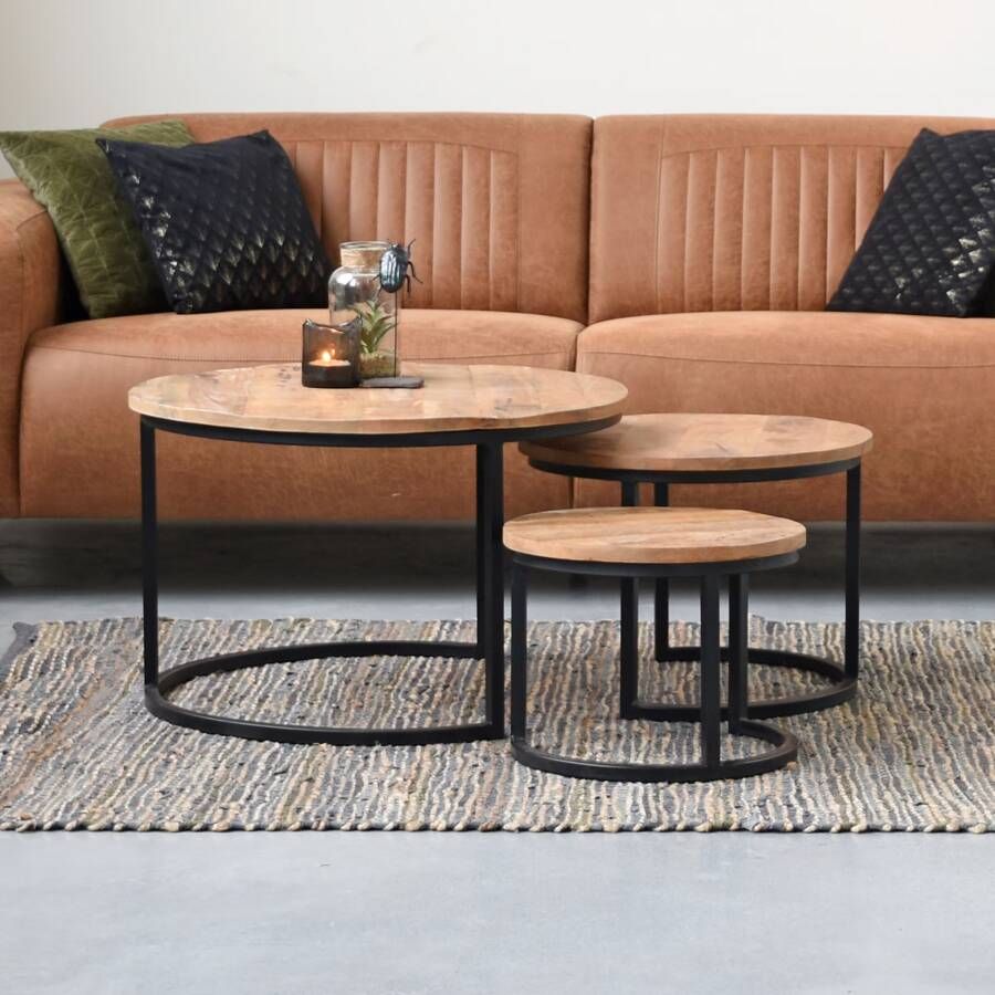 LABEL51 Salontafel Triplet Mangohout Set van 3 stuks Naturel Rond