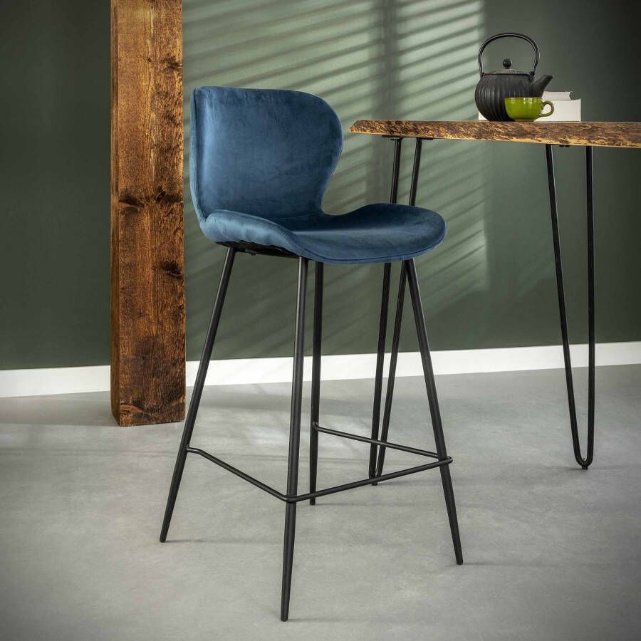 LifestyleFurn Barstoel set van 4 'Gael' Velvet kleur Blauw (zithoogte 67cm)