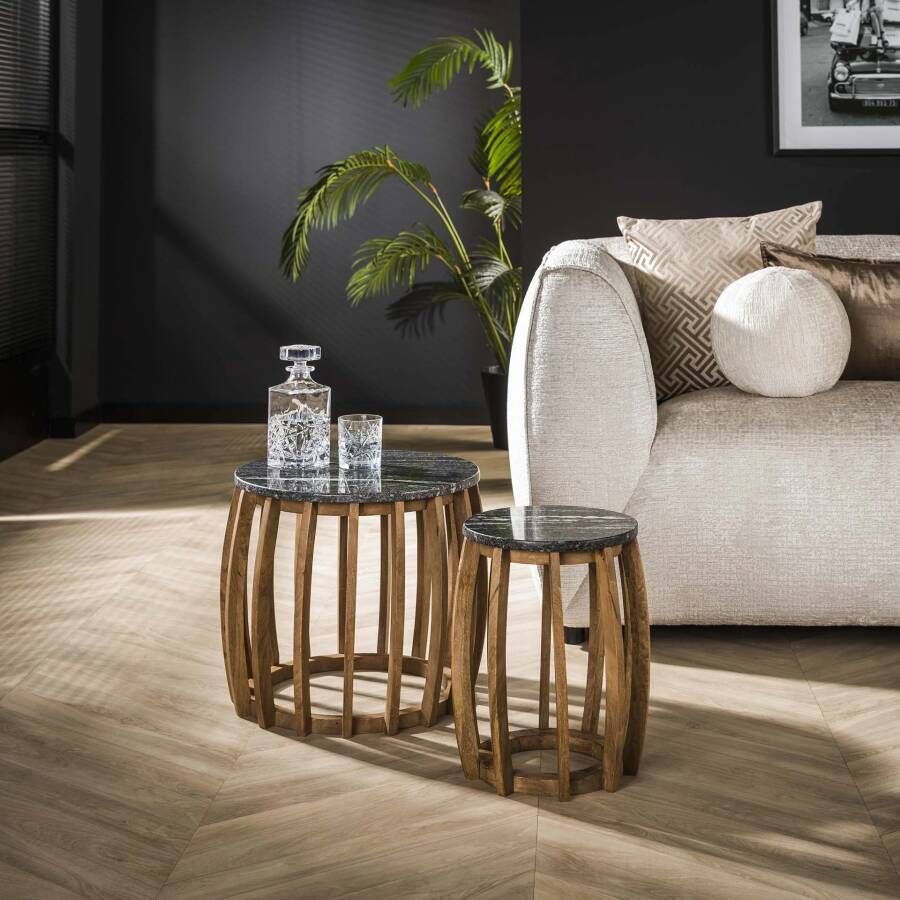 LifestyleFurn Bijzettafel Garreth Set van 2 stuks Marmer en mangohout Zwart marmer Rond