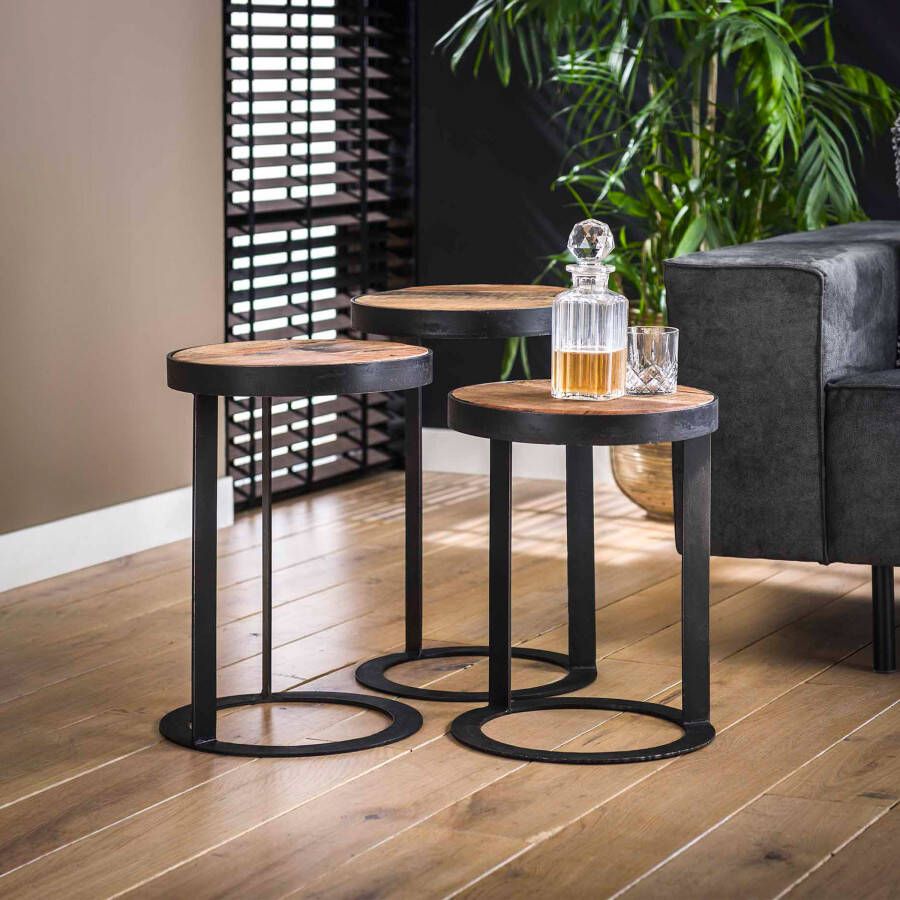 LifestyleFurn Bijzettafel 'Raft' Set van 3 stuks kleur Naturel Zwart Ø35cm