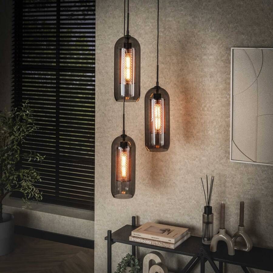 LifestyleFurn Hanglamp Jaida 3-lamps smoke-glas Artic zwart