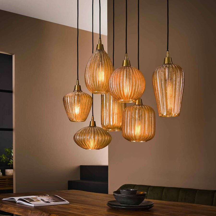 LifestyleFurn Hanglamp Malori 7-lamps amber glas Amberkleurig glas