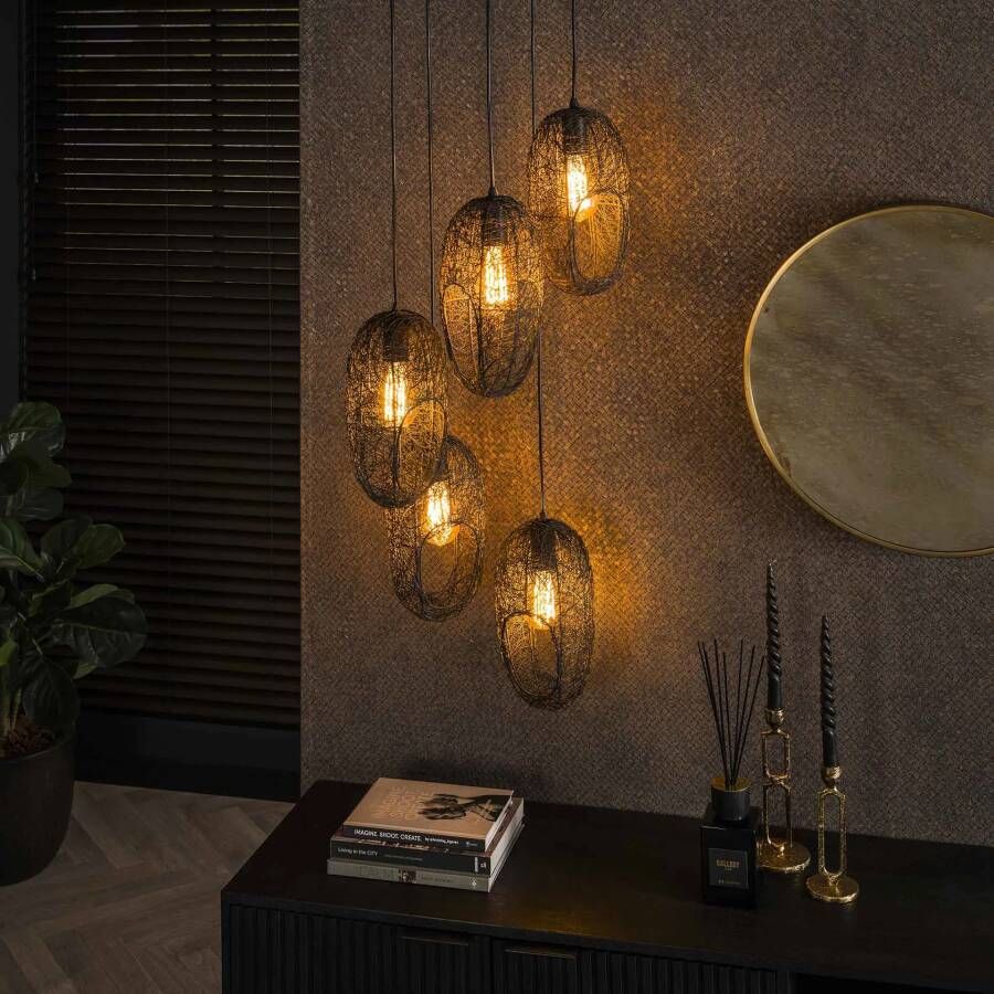 LifestyleFurn Hanglamp Shanay Wire 5-lamps Artic zwart