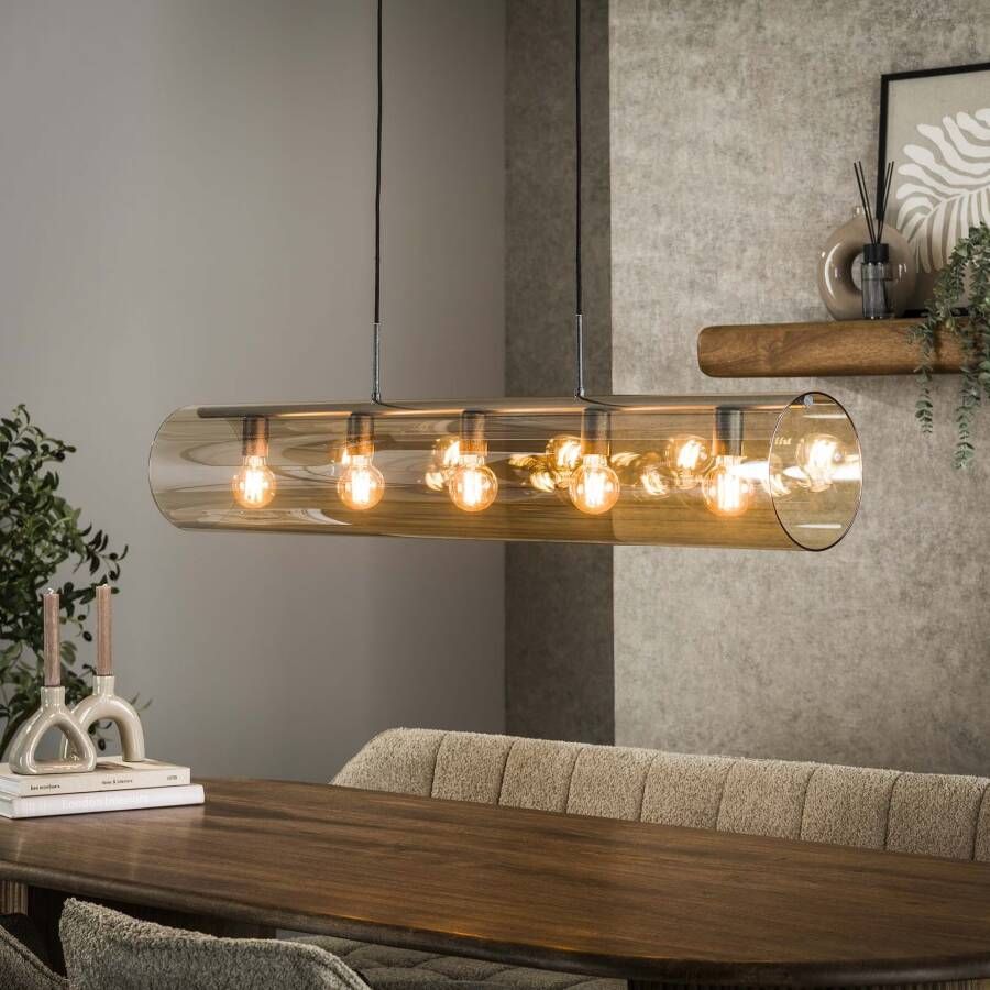 LifestyleFurn Hanglamp Wessley Amber glas en Artic black 5-lamps Artic zwart