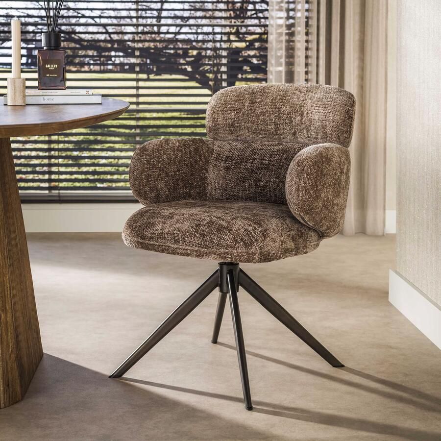 LifestyleFurn Draaibare Eetkamerstoel Kerek Hoven stof en bruin staal Champagne