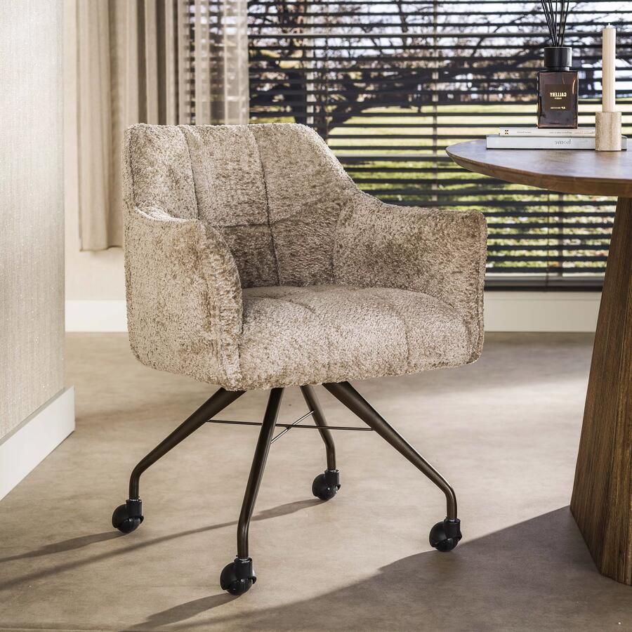 LifestyleFurn Eetkamerstoel op wielen Thandie Alura stof Zand Bruin