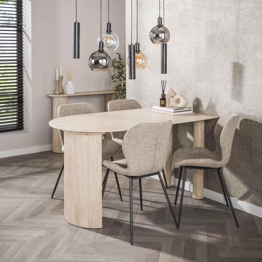 LifestyleFurn Halfronde Eettafel Ciarra Travertinlook 140 x 80cm Keramiek travertine Ovaal