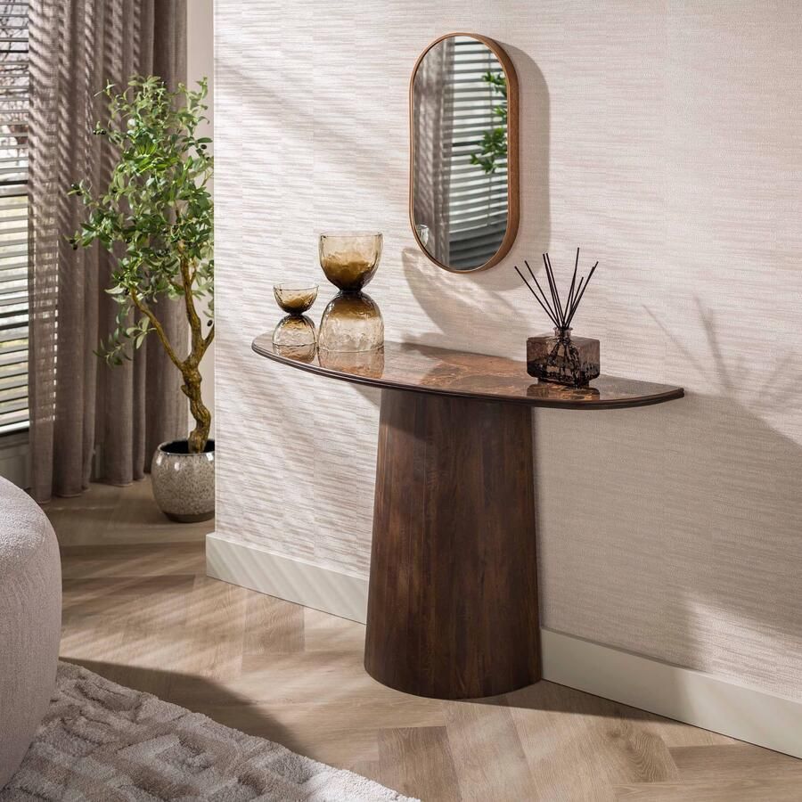 LifestyleFurn Halfronde Sidetable Elodie Mangohout en marmerlook 120cm Bruin