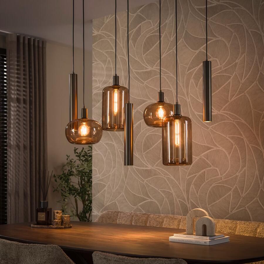 LifestyleFurn Hanglamp Faiga Glas en bruin metaal 4+3-lamps
