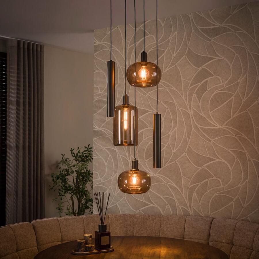 LifestyleFurn Hanglamp Faiga Glas en bruin metaal 5-lamps getrapt