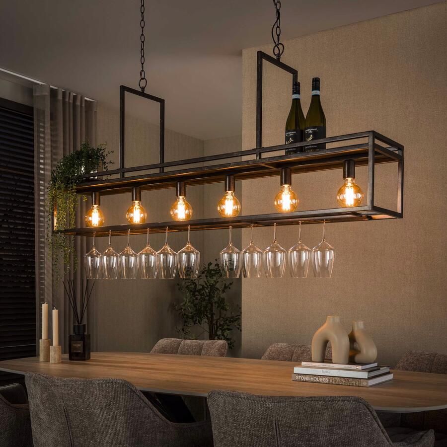 LifestyleFurn Hanglamp Hani 6-lamps met wijnrek Urban Bruin