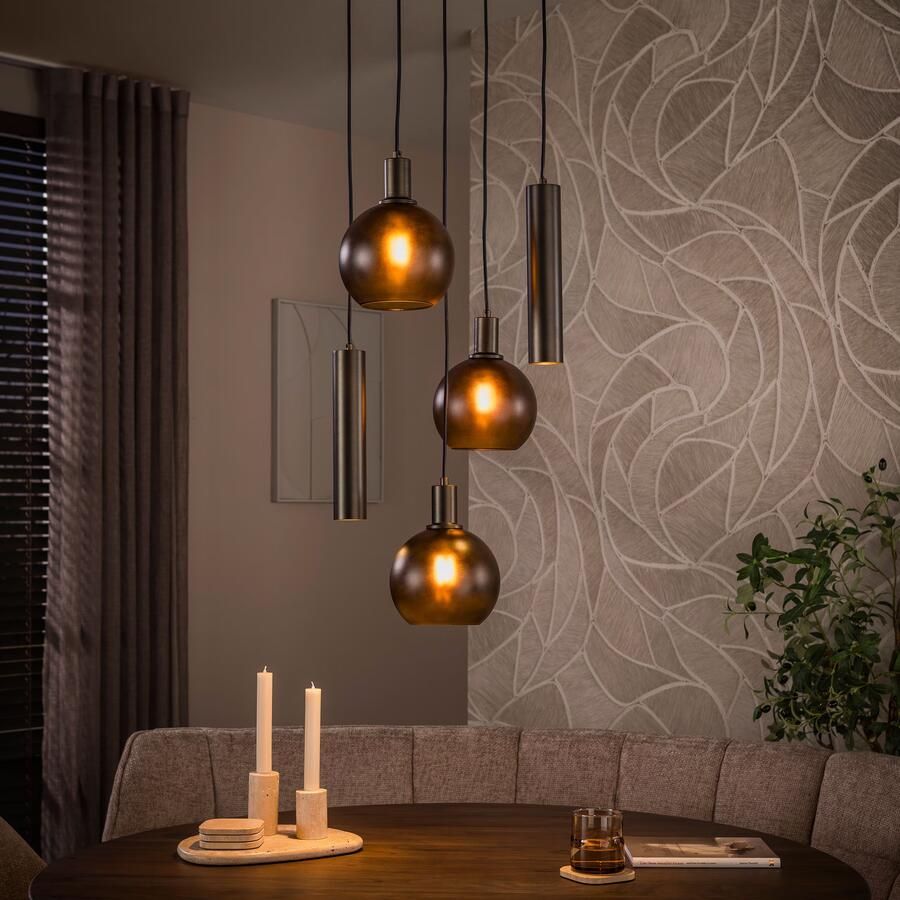 LifestyleFurn Hanglamp Janetta Glas en metaal 3+2-lamps Bruin
