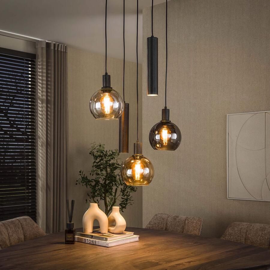 LifestyleFurn Hanglamp Janetta Glas en metaal 3+2-lamps Meerkleurig