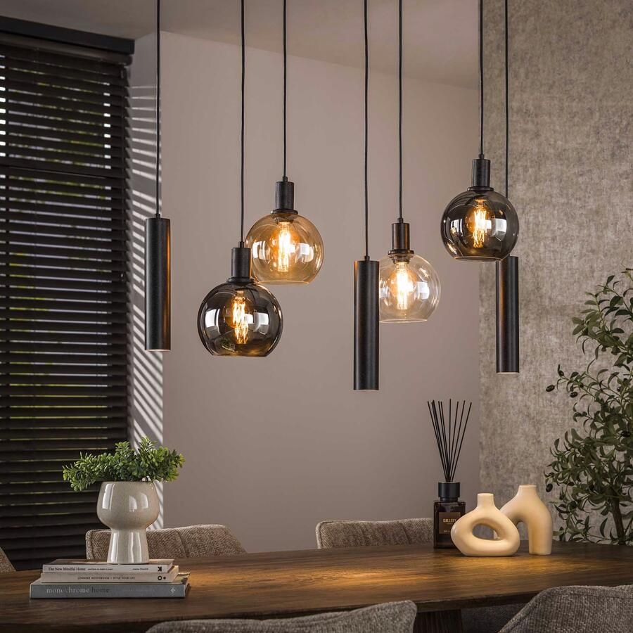 LifestyleFurn Hanglamp Janetta Glas en metaal 4+3-lamps Artic zwart