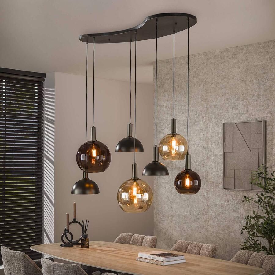 LifestyleFurn Hanglamp Jocelyn Glas en metaal 4+3-lamps Sienna bruin