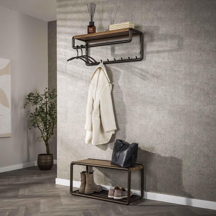 LifestyleFurn Kapstok Karalynn Met 8 haken en roede Eikenlook en staal Drift brown