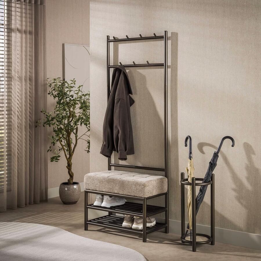 LifestyleFurn Kapstok Karalynn Met bankje en 7 haken Bruin