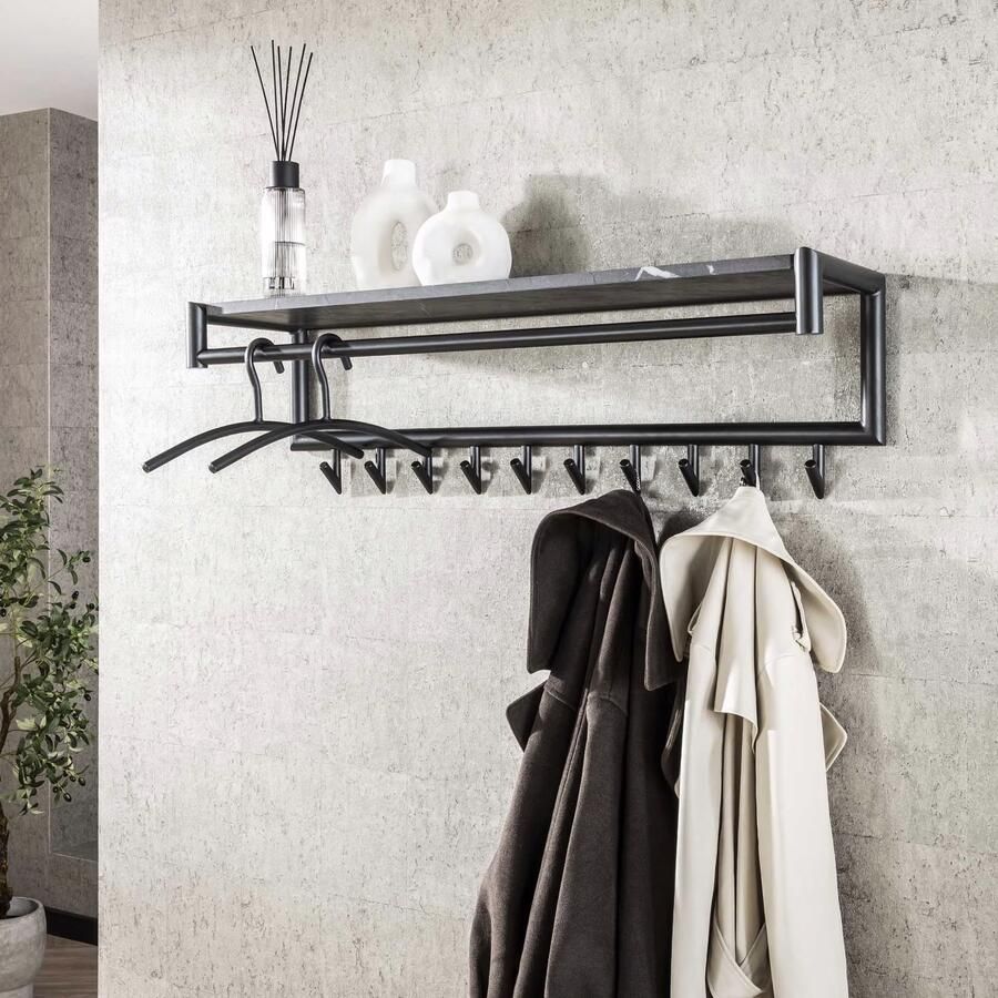 LifestyleFurn Kapstok Letica Met 10 haken en keramieklook plank 3D zwart bruin