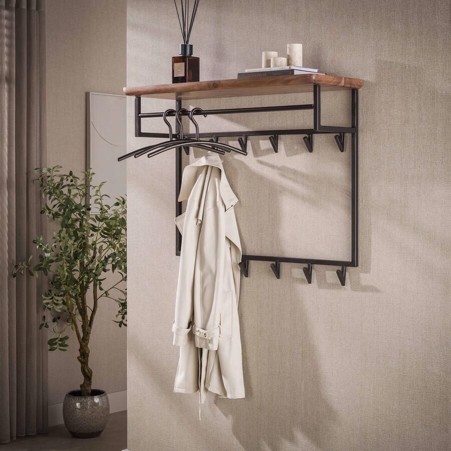 LifestyleFurn Kapstok Lizbeth Acaciahout Met 12 haken en plank Bruin