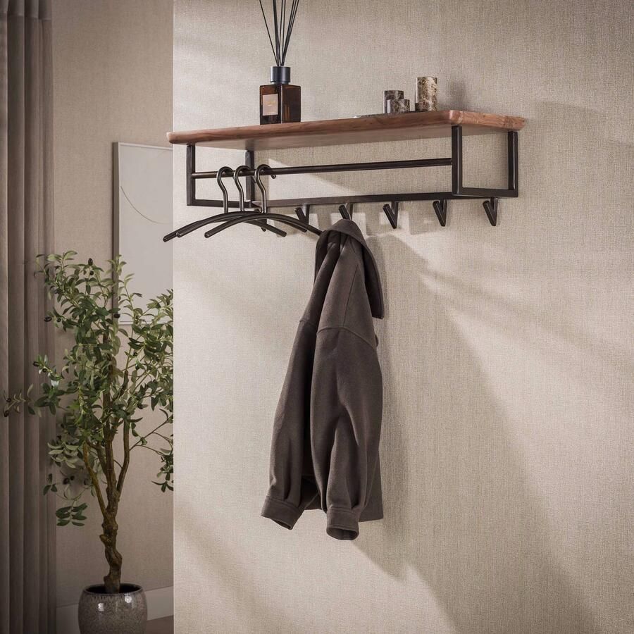 LifestyleFurn Kapstok Lizbeth Acaciahout Met 6 haken en plank Bruin