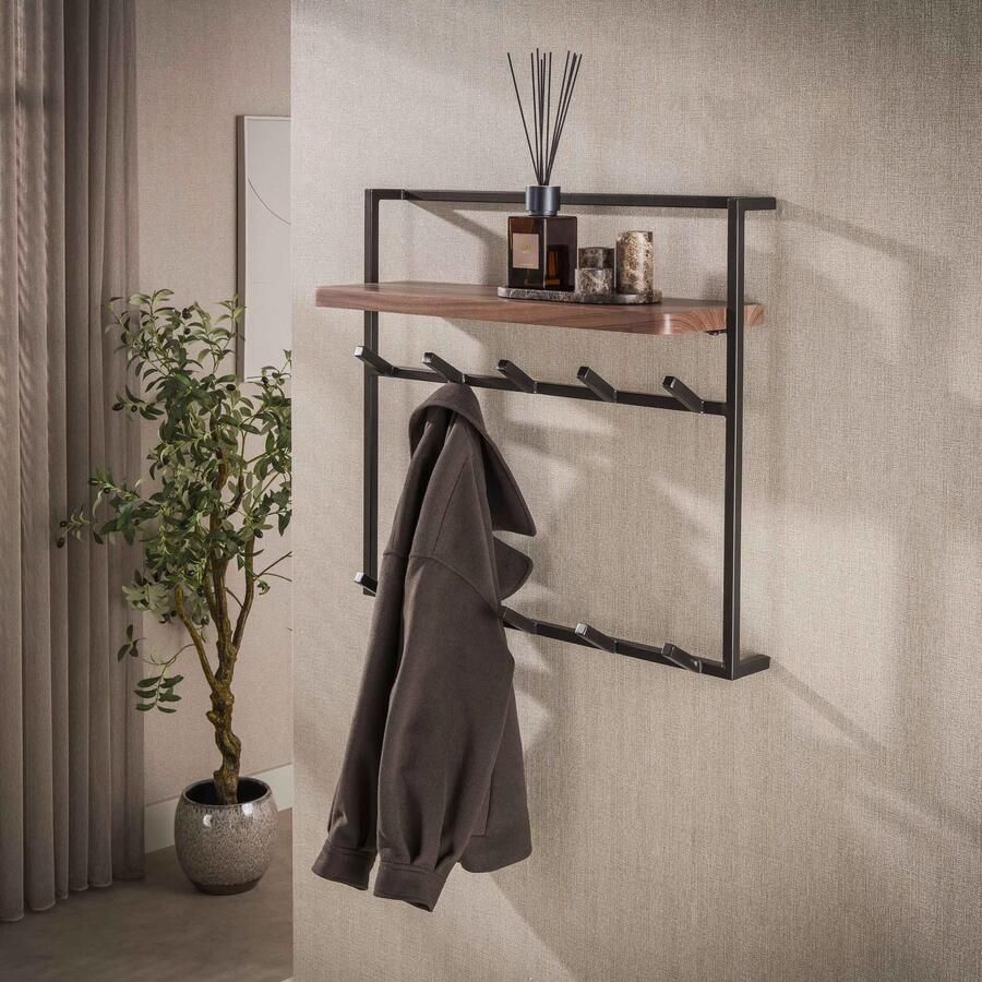 LifestyleFurn Kapstok Robertson Acaciahout Met 10 haken en plank Bruin