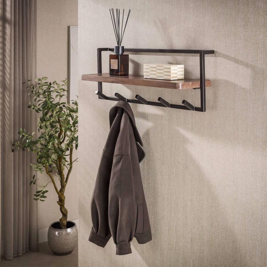 LifestyleFurn Kapstok Robertson Acaciahout Met 5 haken en plank Bruin