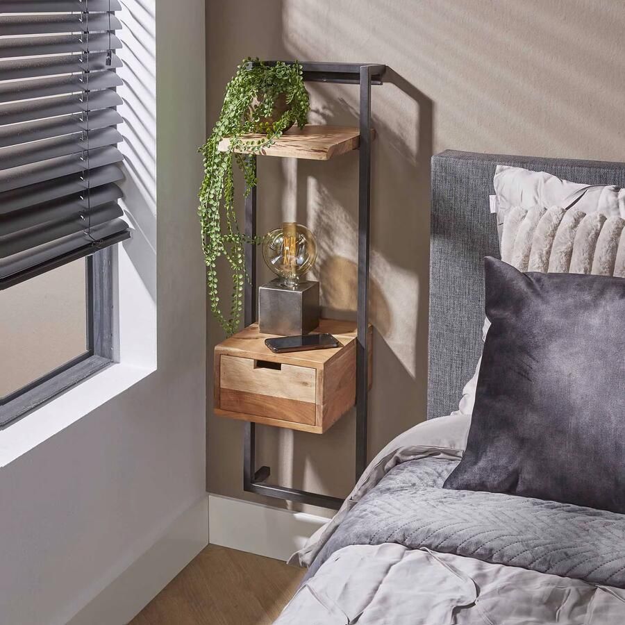 LifestyleFurn Nachtkastje Cruz Acaciahout en metaal Met 1 lade Bruin Hout Naturel