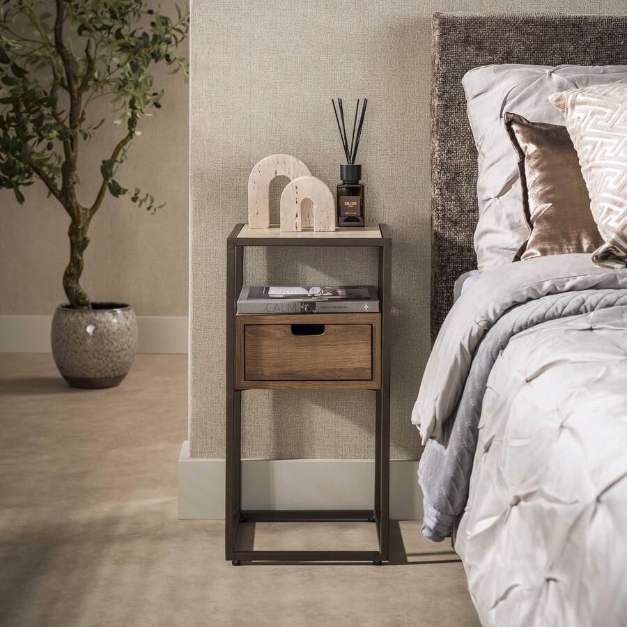LifestyleFurn Nachtkastje Nikka Eikenlook en travertinlook Met 1 lade Bruin
