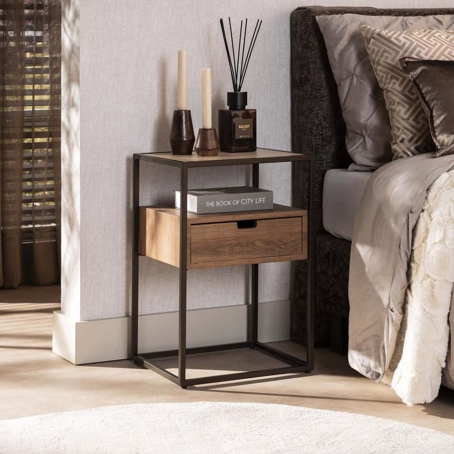 LifestyleFurn Nachtkastje Thom Travertin- en eikenlook Met 1 lade Bruin